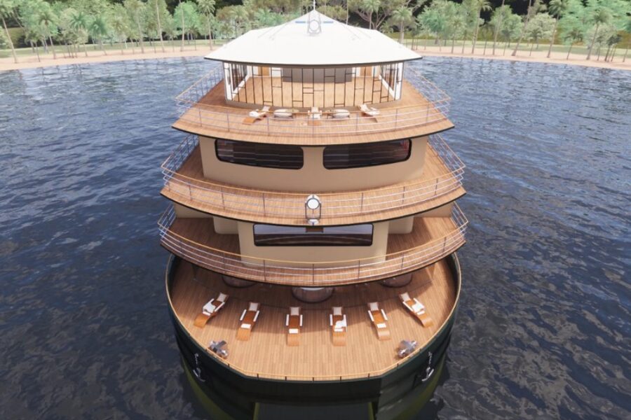 Frontansicht der RV Brasilian Dream mit vier Decks und Sonnenterrasse auf dem Amazonas
