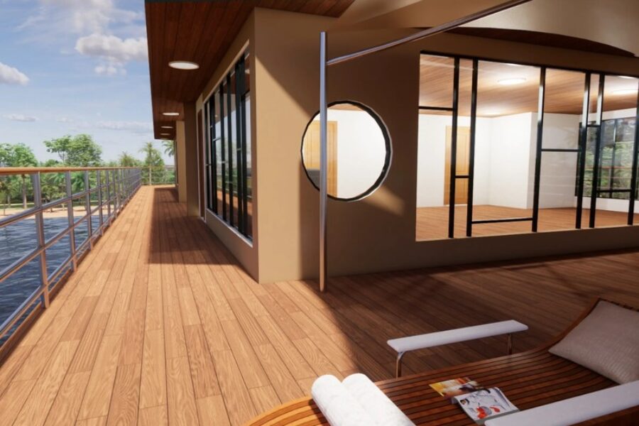Promenadendeck der RV Brasilian Dream mit Liegestuhl und Blick auf den Amazonas