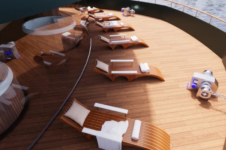 Vorderdeck der RV Brasilian Dream mit Teakholz-Sonnenliegen und Whirlpool